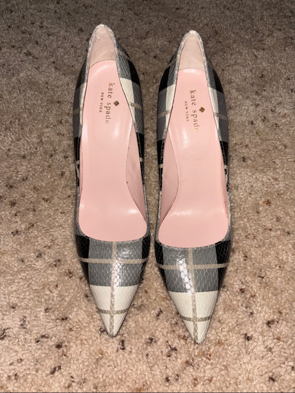 kate spade Buffalo Check Black and White Plaid Pointed Leather Pumps Size 10